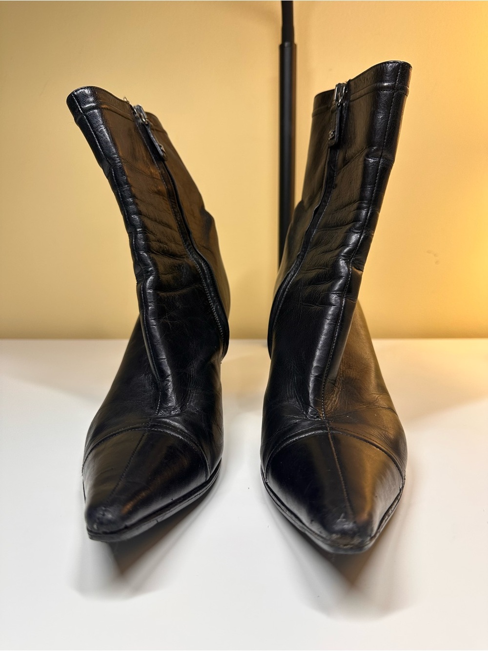 CHANEL Black Pointed Toe Leather Ankle Booties with Side Zip - Picture 1 of 9